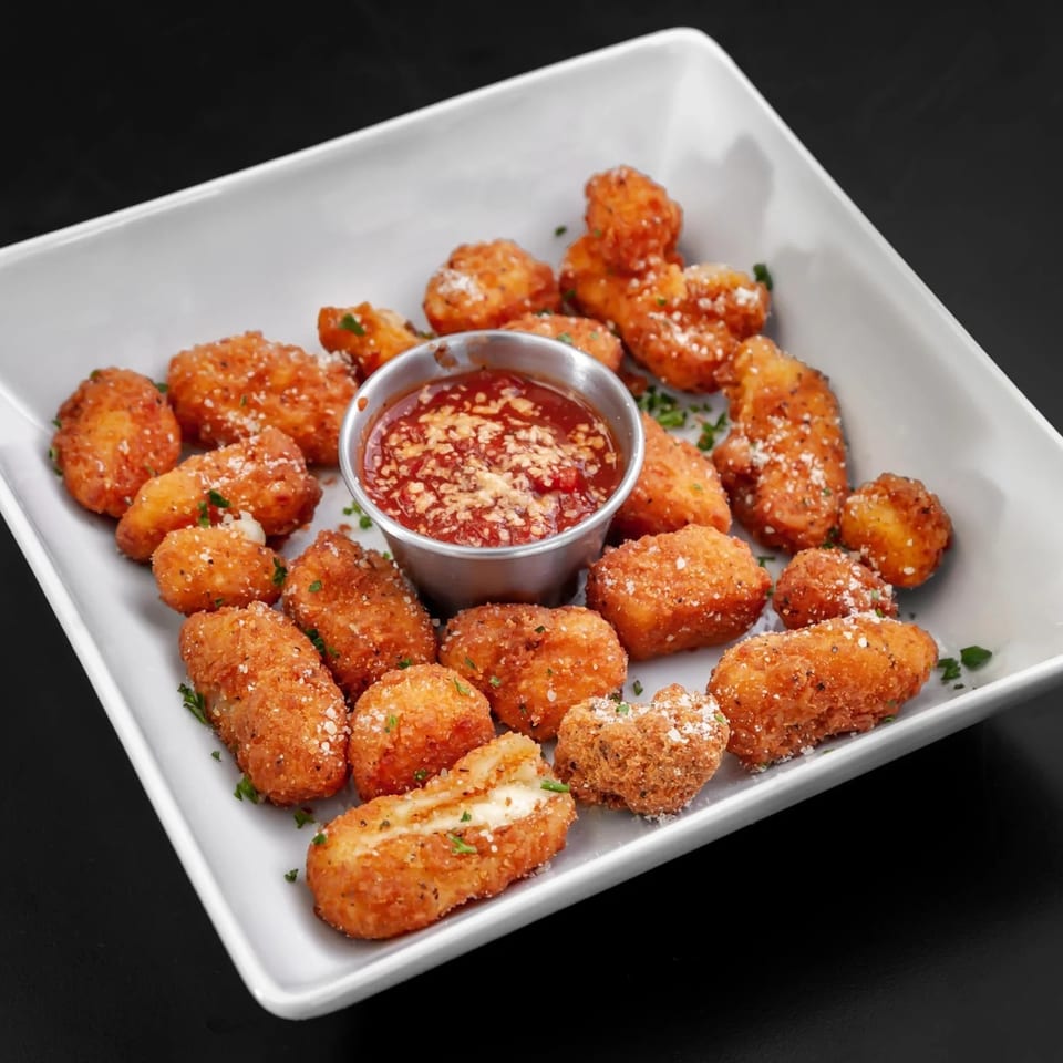 A white rectangular plate filled with golden-brown fried mozzarella bites and a side of marinara sauce.