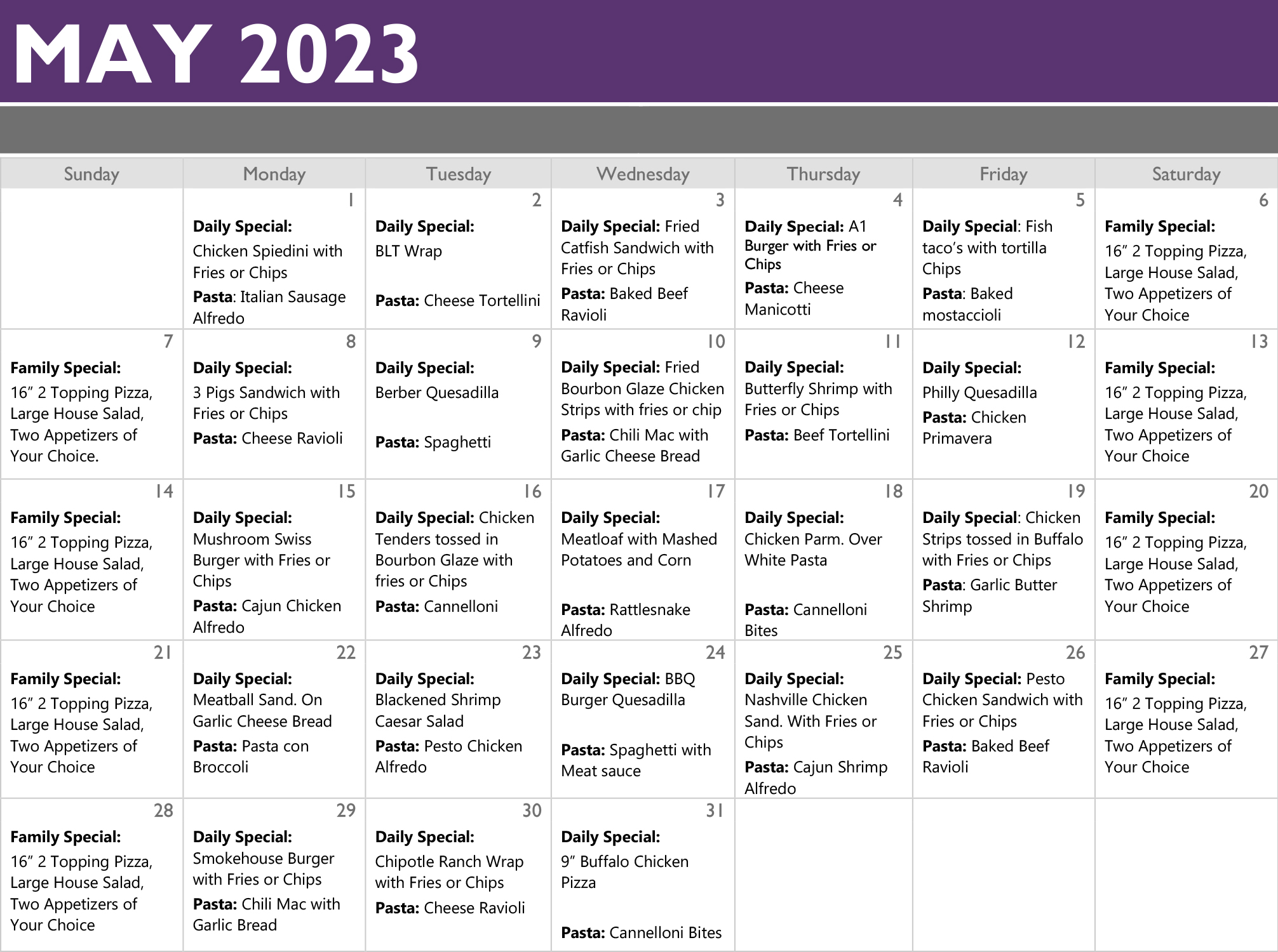 MAY 2023 DAILY SPECIALS